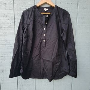 Talbots Rhinestone Button Cotton Popover Top sz M Black Chic Glam Preppy
